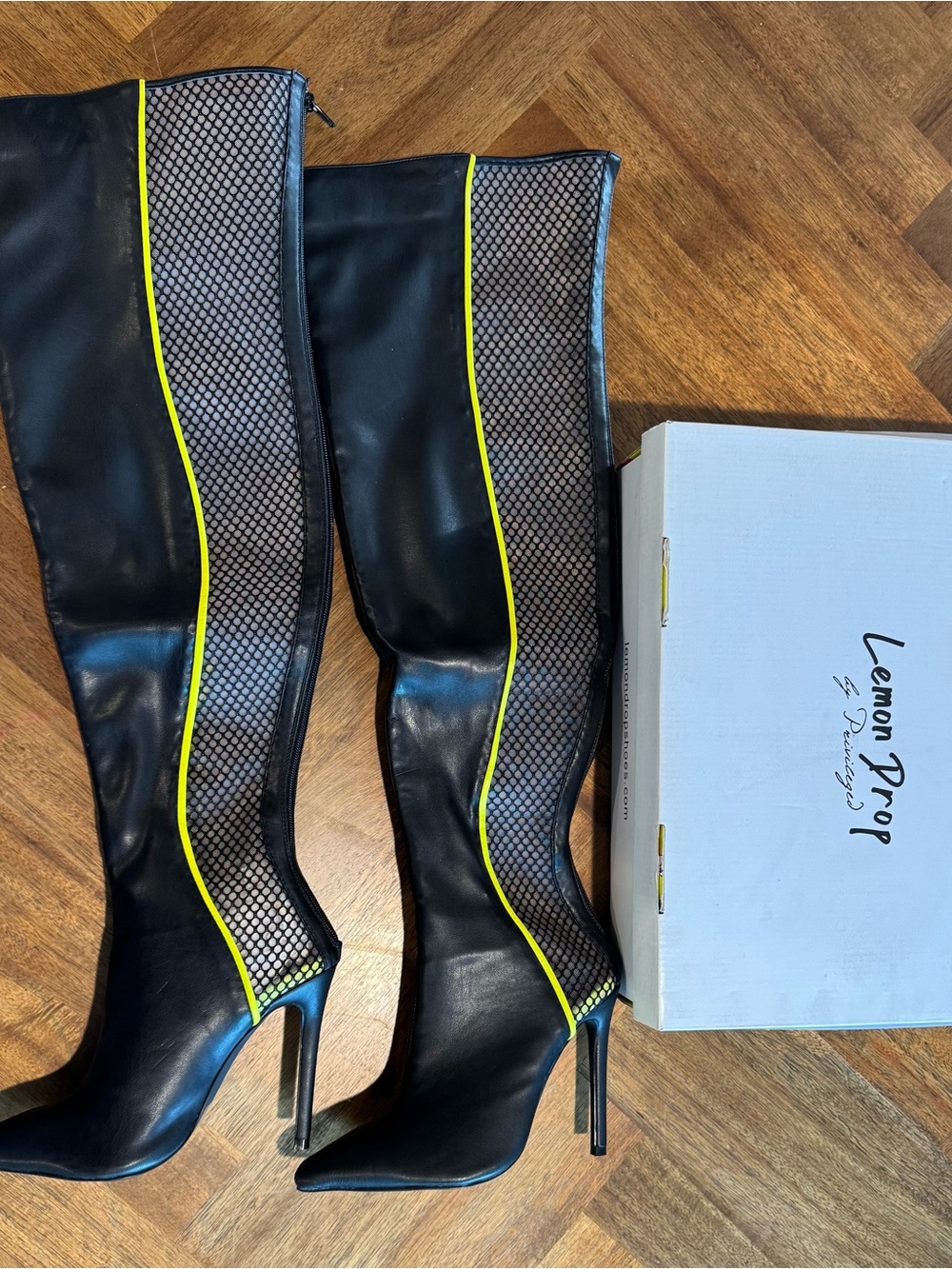 Dolls Kill Black Over-the-Knee Stiletto Boots with Neon Yellow Trim